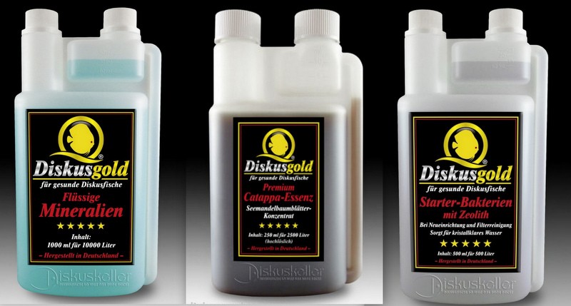Sparpaket Diskusgold flüssige Mineralien 1000ml + Starter Bakterien 500ml + Catappa Essenz 250ml