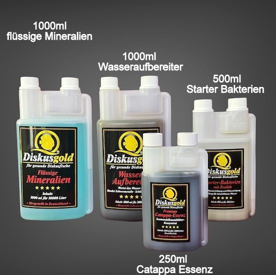 Sparpaket Diskusgold Mineralien 1000ml + Catappa Essenz 250ml + Bakterien 500ml + Wasseraufbereiter